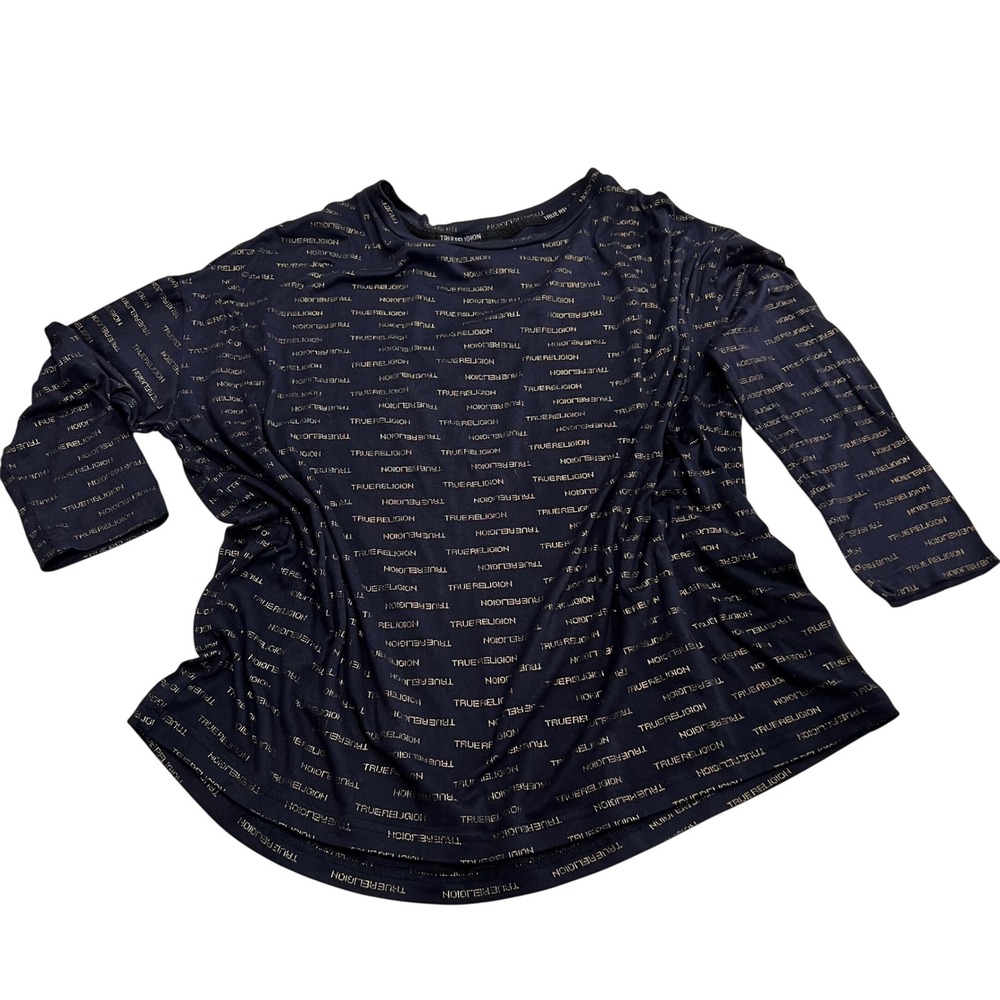 True Religion Top Womens Size S Navy‎ Gold All Over Print Long Sleeve